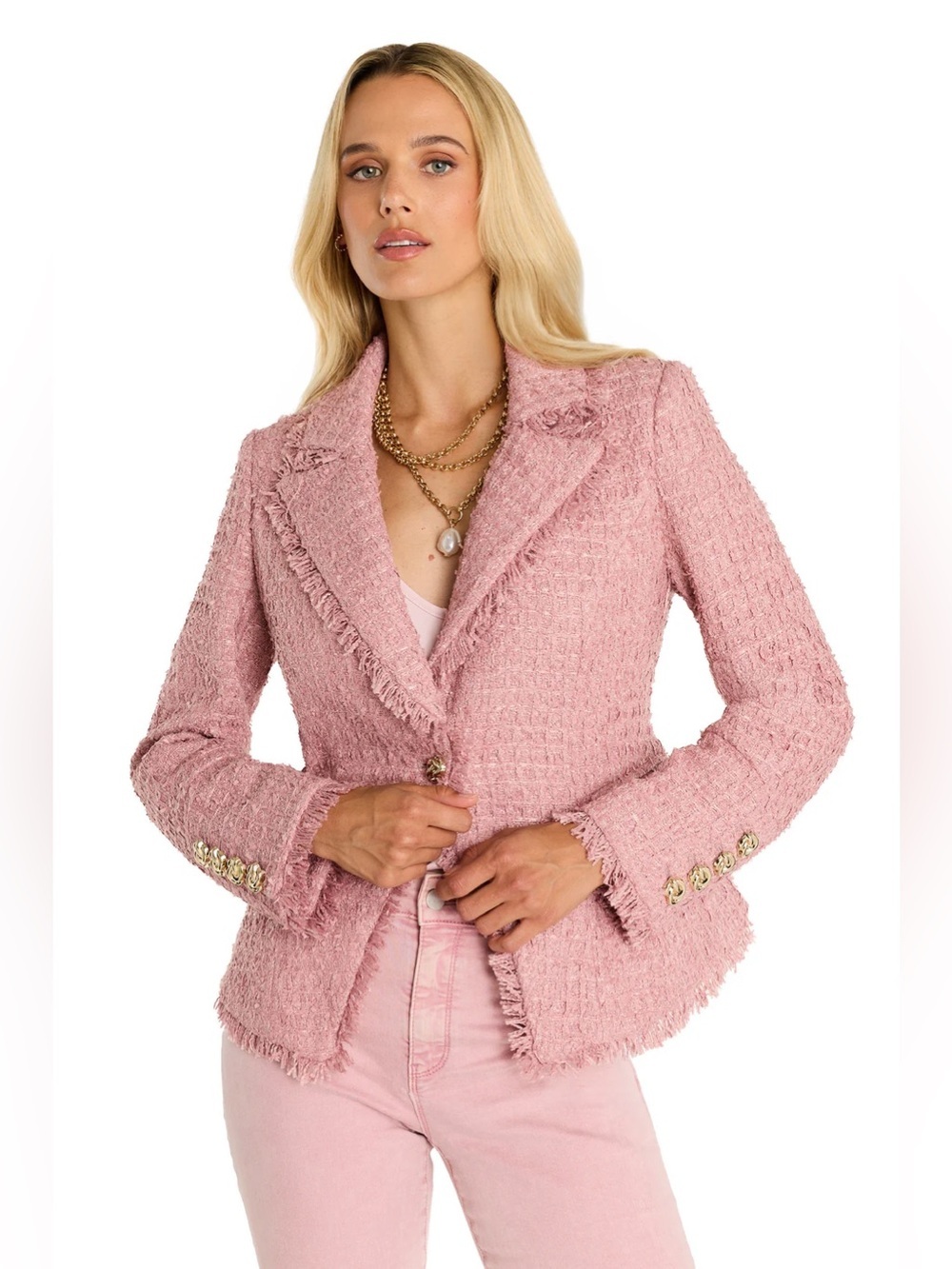 The Noli Shop Giselle Single Breasted Tweed Blazer in Blush